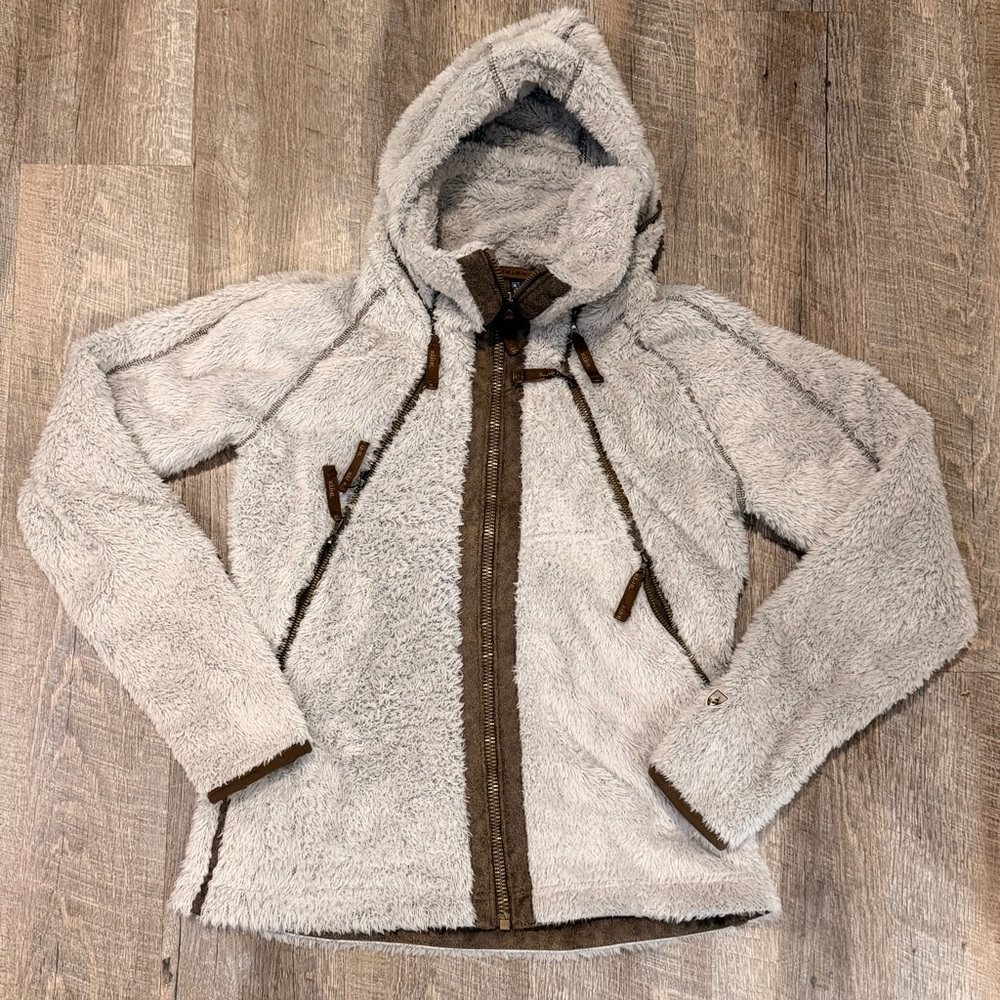 Kuhl Taupe Sherpa Hooded Zip Jacket with Tan Trim